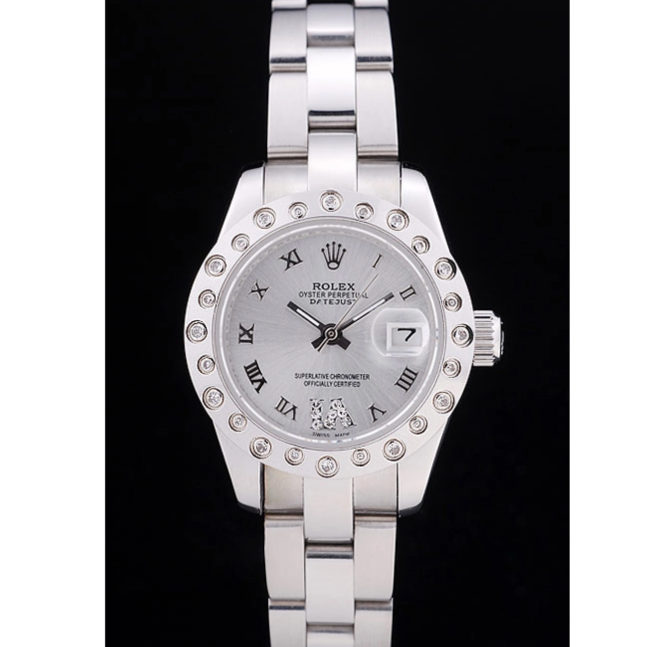 AAA replica watch Polished Silver Rolex Silver Datejust Bezel 7474 Dial Diamonds 0728